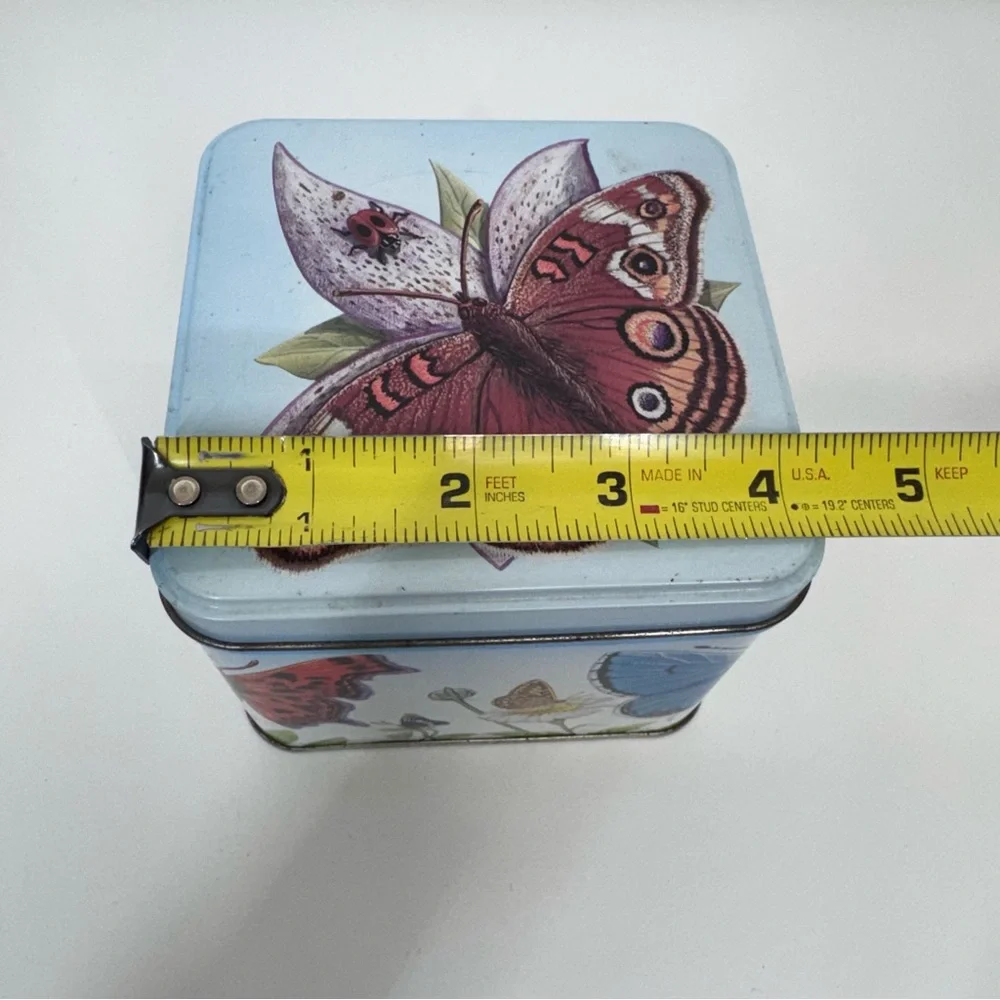 Early 90’s Vintage Butterfly & Flower Print Square Tin Box With Lid